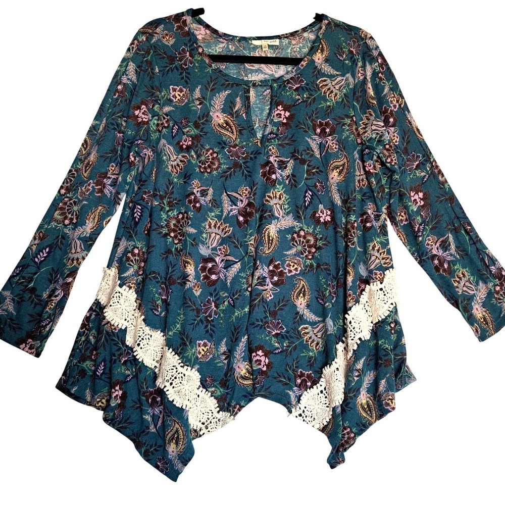 Tru‎ Self Floral Tunic Top Plus Size 1X Teal Print Crochet Trim Boho Casual